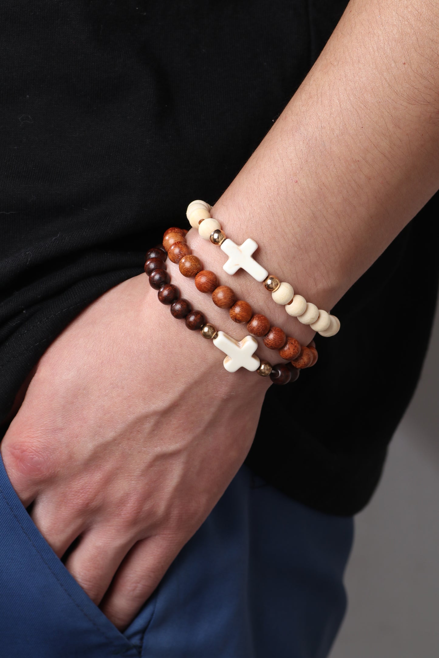 3 Piece Set Vintage Style Cross Plastic Beaded Men'S Bracelets